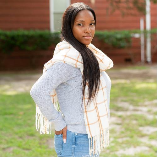 Monogrammed Camel Plaid Oversized Scarf  Apparel & Accessories > Clothing Accessories > Scarves & Shawls