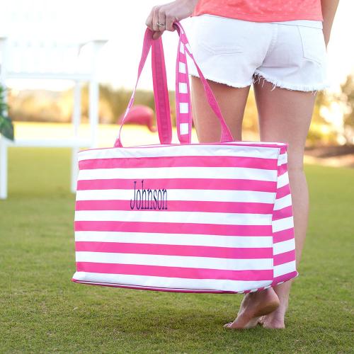 Monogrammed Hot Pink Stripe Ultimate Tote  Home & Garden > Household Supplies > Storage & Organization > Utility Baskets