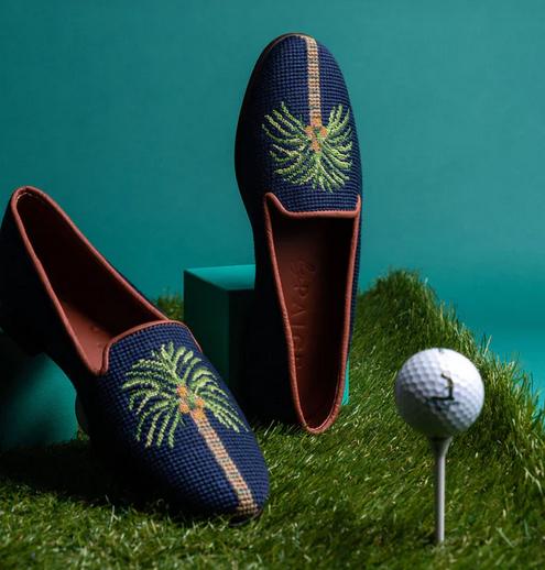 Needlepoint Palm Tree on Navy Ladies Loafers By Paige  Apparel & Accessories > Shoes > Loafers