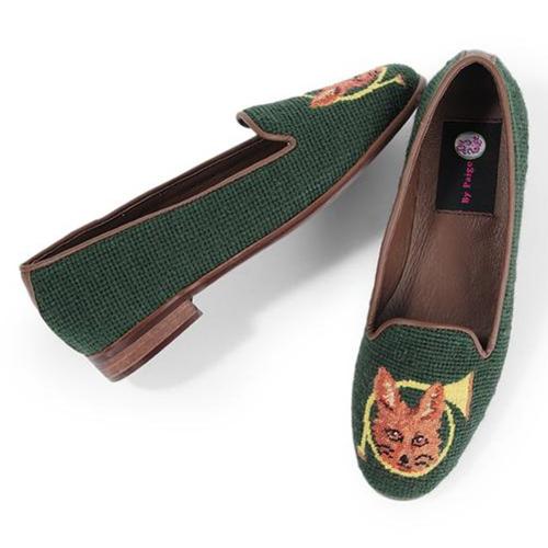 Needlepoint Fox and Horn on Forest Green Ladies Loafers By Paige  Apparel & Accessories > Shoes > Loafers