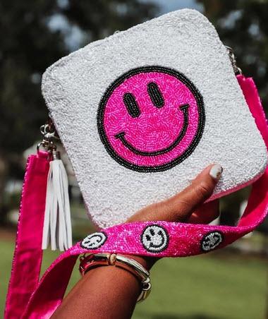 Beaded Crossbody Purse white with Hot PInk Smiley Face Beaded Crossbody White With Hot Pink Smiley Face Apparel & Accessories > Handbags > Cross-Body Handbags