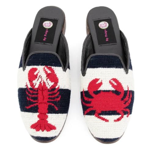Ladies Lobster and Crab on Navy Stripe Needlepoint Mules By Paige  Apparel & Accessories > Shoes > Clogs & Mules
