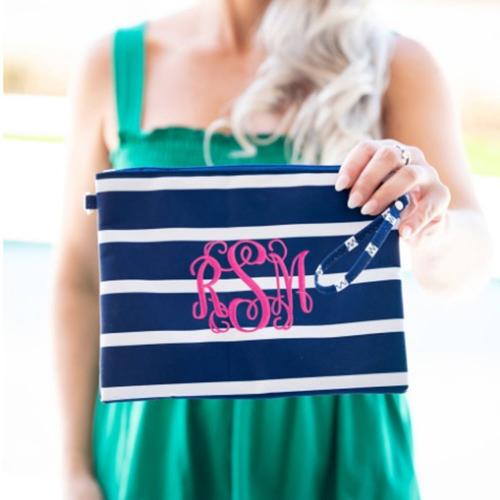 Monogrammed Navy Stripe Haley Wristlet Crossbody  Apparel & Accessories > Handbags > Cross-Body Handbags