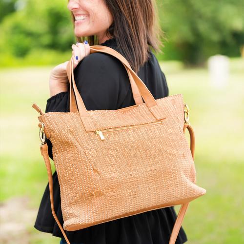 Monogrammed Camel Textured Vegan Leather Functional Tote  Apparel & Accessories > Handbags > Tote Handbags