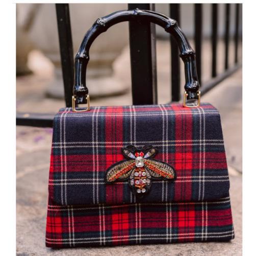 Lisi Lerch Lulu Red Plaid Clutch with Black Bamboo Handle  Apparel & Accessories > Handbags > Clutches & Special Occasion Bags
