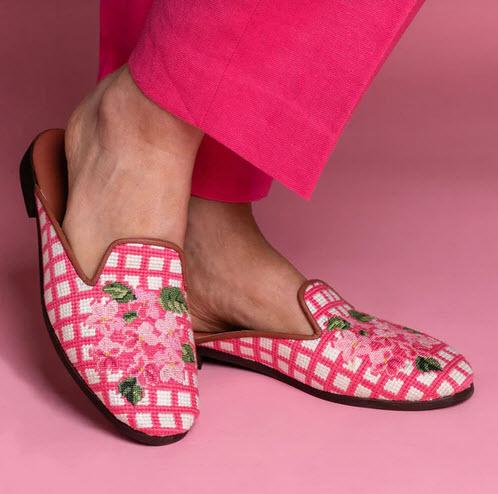 By Paige Needlepoint Mules in Hydrangea Pink  Apparel & Accessories > Shoes > Clogs & Mules