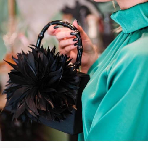 Lisi Lerch Lulu Black Faille Bag with Feather   Apparel & Accessories > Handbags > Clutches & Special Occasion Bags