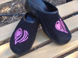 Black suede clog with new Hot Pink LOVE Black suede with hot pink Love 
