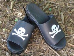 Black leather sandal with white skull and crossbones blackleather sk sandalull 