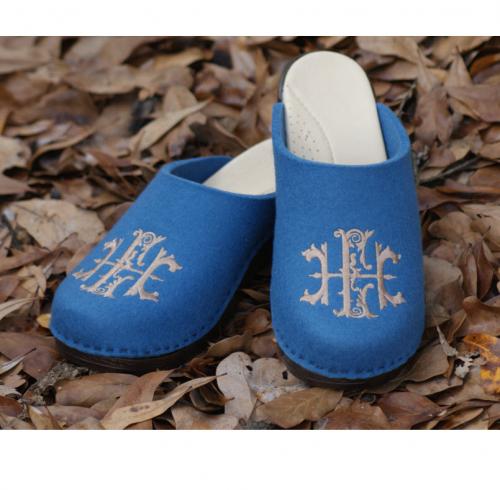 Wedgewood Blue Wool Clogs with a khaki Royal 2 Letter Monogram Wedgewood blue wool clogs 