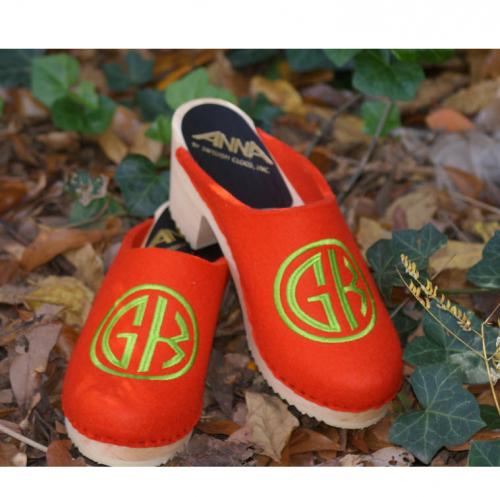 Orange Wool Clogs with Lime green CircleMonogram  Orange wool clogs wiht circle monogram in lkime green 