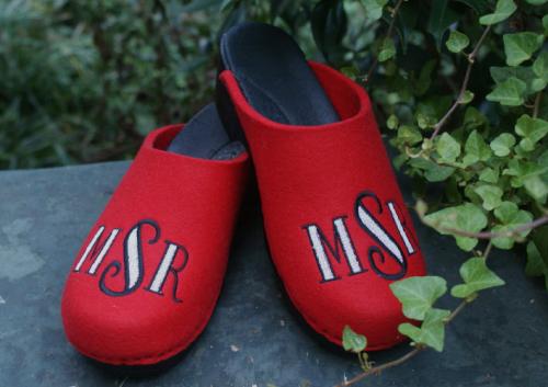 Monogrammed Red Wool Clogs with Deco Monogram Monogrammed Red Wool Clogs 