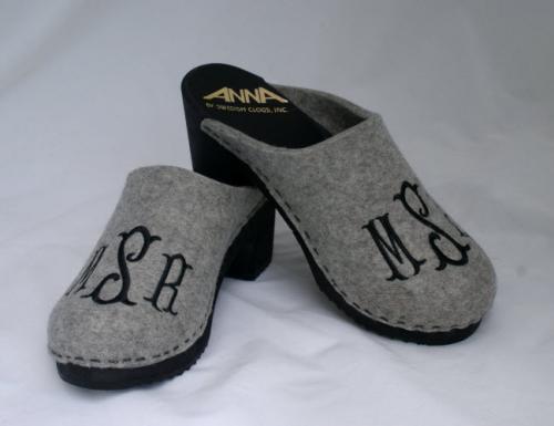 Monogrammed Grey Wool Clogs with a Black Wooden High Heel Monogrammed Grey Wool Clogs 