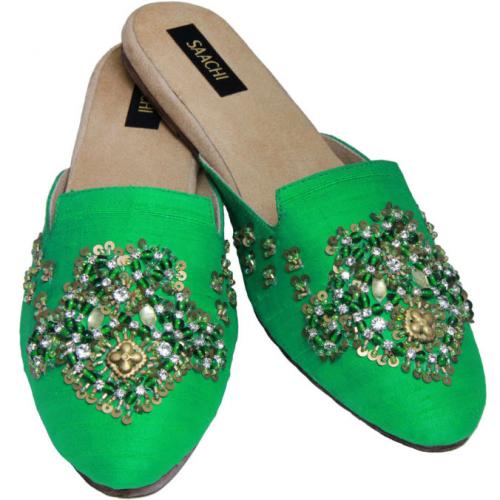 Ladies Silk Slide Mules With Hand Embroidery