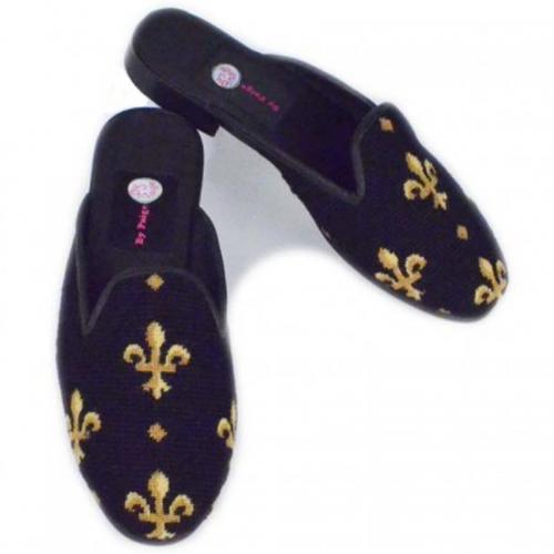 By Paige Fleur De Lis Black Needlepoint Mules   Apparel & Accessories > Shoes > Clogs & Mules