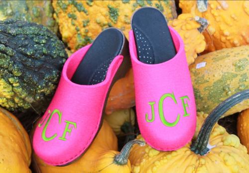 Magenta Wool Clogs with a lime green block monogram Magenta Wool Clogs NULL