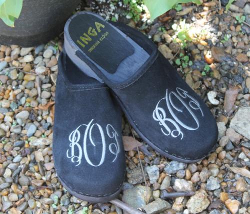 Black suede  clogs with a grey interlocking script monogram Black Suede Clogs with a grey monogram NULL