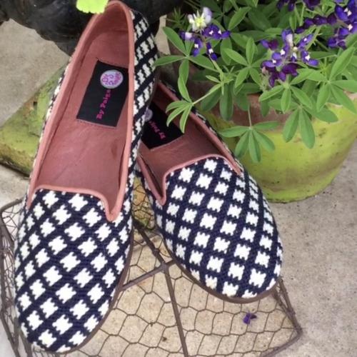 By Paige Ladies Needlepoint Navy and White Check Loafers   Apparel & Accessories > Shoes > Loafers