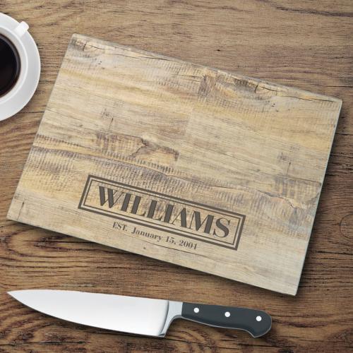 Personalized Glass Cutting Board Rustic Wood Look