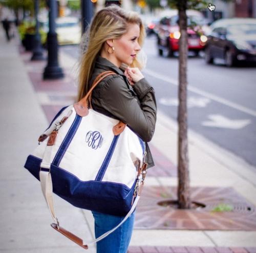 Monogrammed Weekender Bag with Navy Trim   Luggage & Bags > Suitcases > Carry-On Luggage