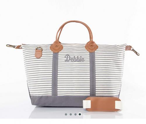 Monogrammed Gray Striped Weekender Bag   Luggage & Bags > Duffel Bags
